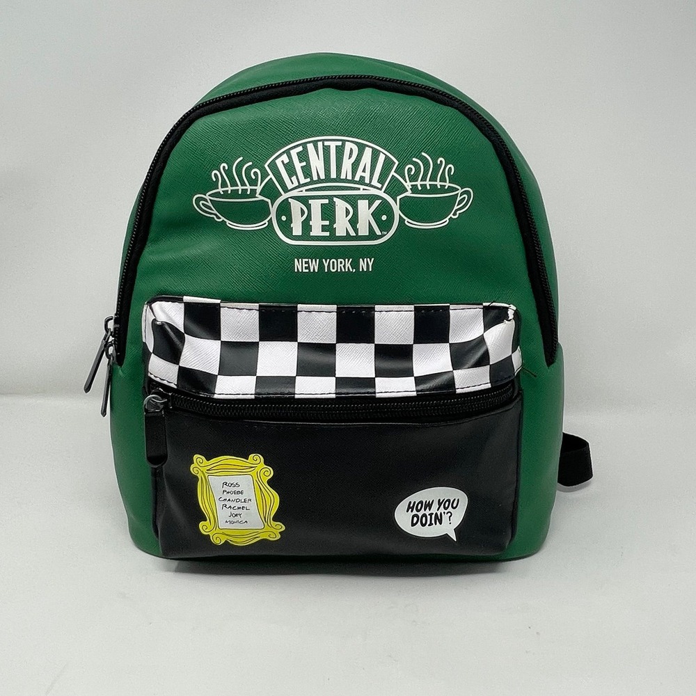 Friends TV Show Central Perk Mini Backpack Green Faux Leather Checkerboard Bag